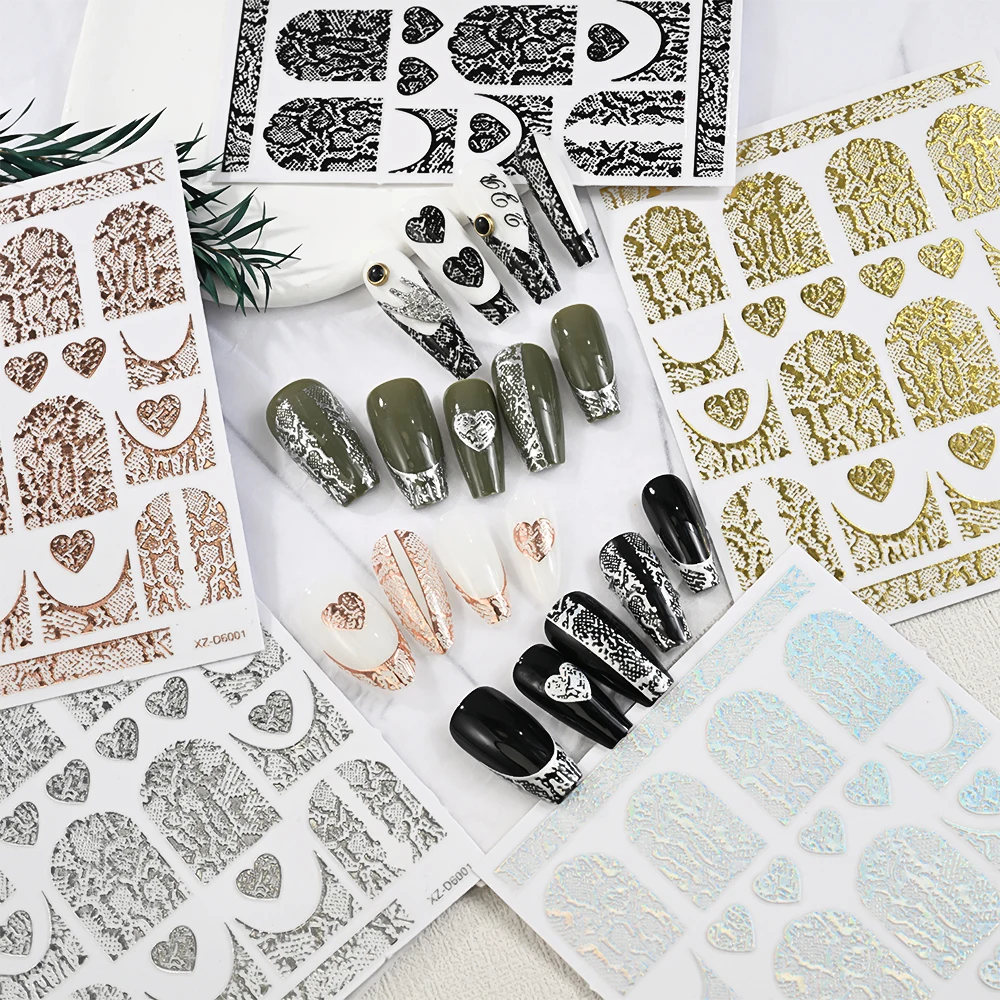 3D Y2k รูปแบบงูสติกเกอร์เล็บทองเงินเลเซอร์งูเสือดาวพิมพ์สติกเกอร์เล็บ Bronzing Self-Adhesive NAIL Wrap Decals