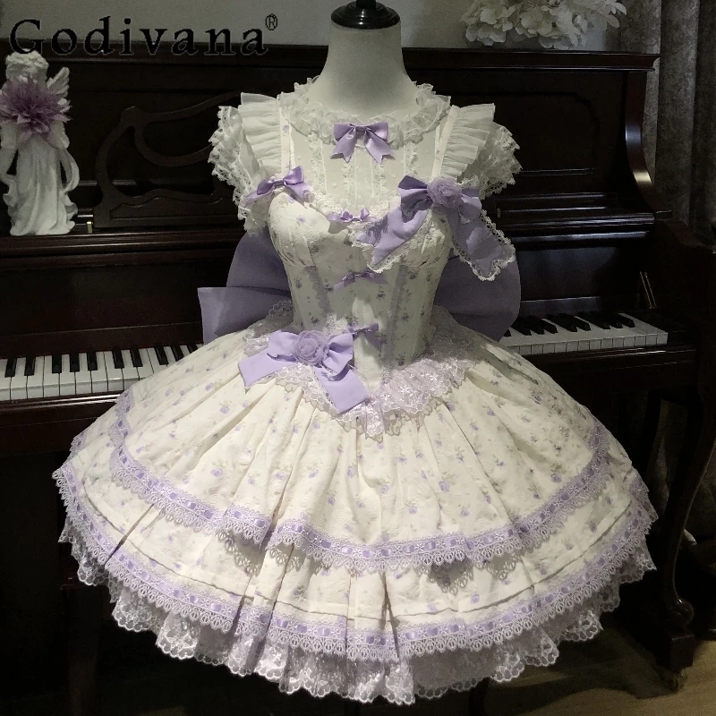 

Original Sweet Lolita Purple Dress Set 2025 New Women's Slim Fit Sweet Cute Bow Print Lo Princess Dress Y2K Birthday Party Dress