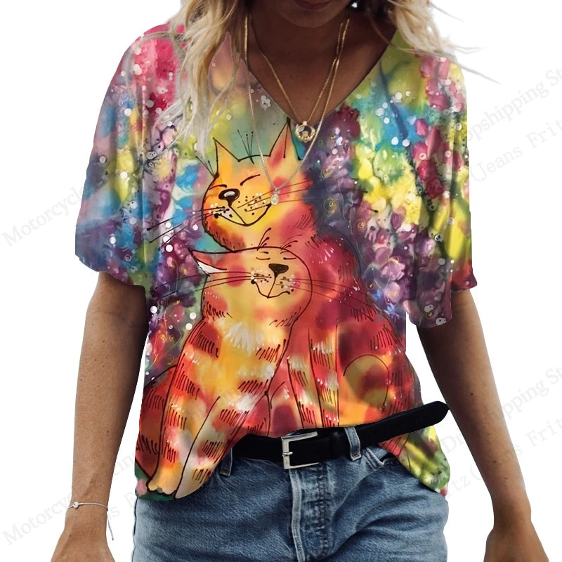 مضحك القط هريرة البومة نمط ثلاثية الأبعاد تي شيرت مطبوع المرأة موضة عادية الخامس الرقبة قصيرة الأكمام بلايز تيز حجم كبير تي شيرت النساء الملابس #3