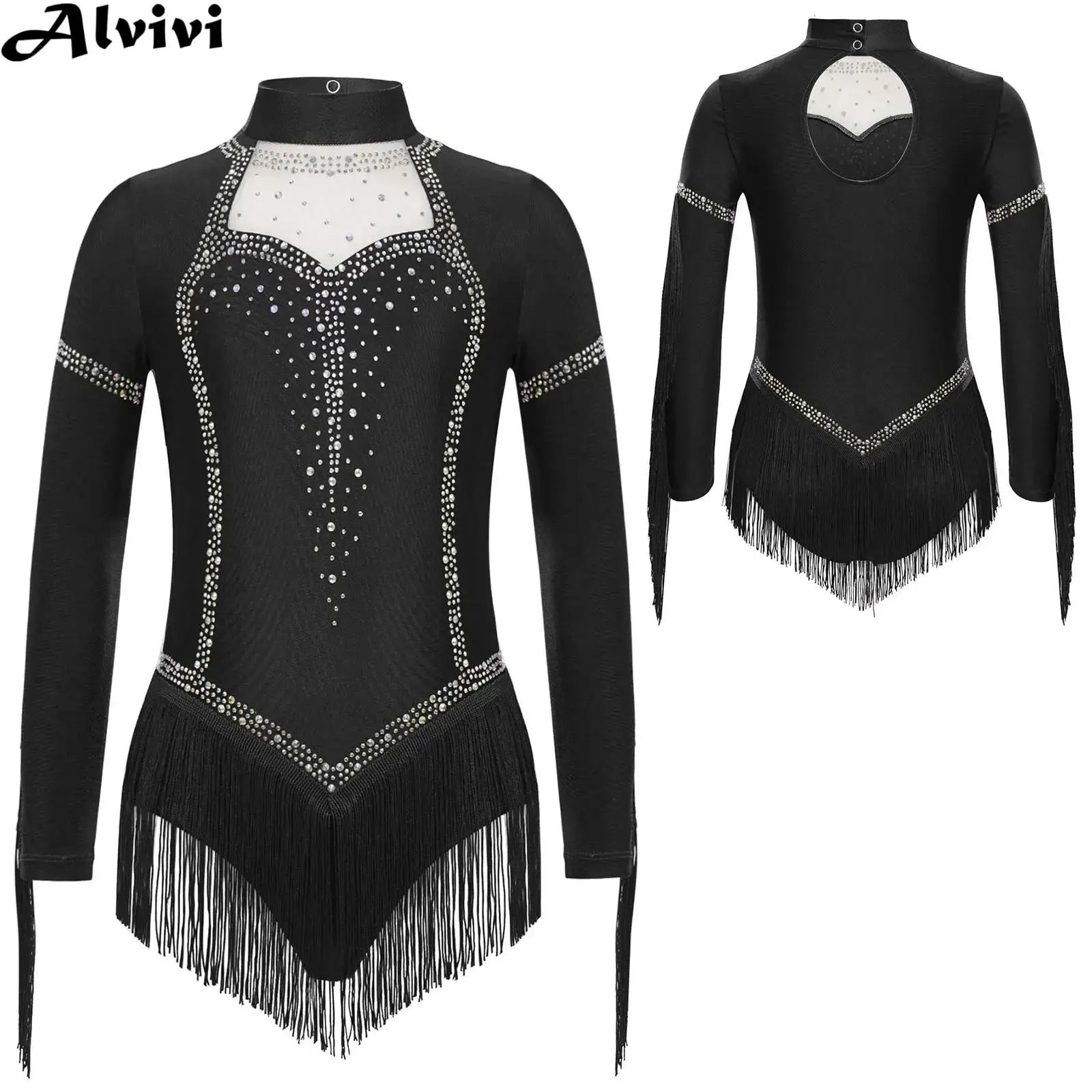 

Girls Latin Dance Leotard Long Sleeve Shiny Rhinestones Mesh Tassels Bodysuit for Figure Skating Cha-cha Samba Tango Ballroom