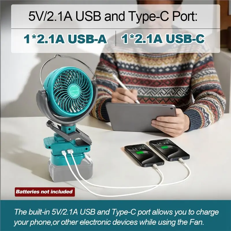 [HOT!A24R】 Dual USB Clip Fan For BL1860B, BL1850B, BL1840B, BL1830B 18V Battery Cordless Fan For Outdoor Camping