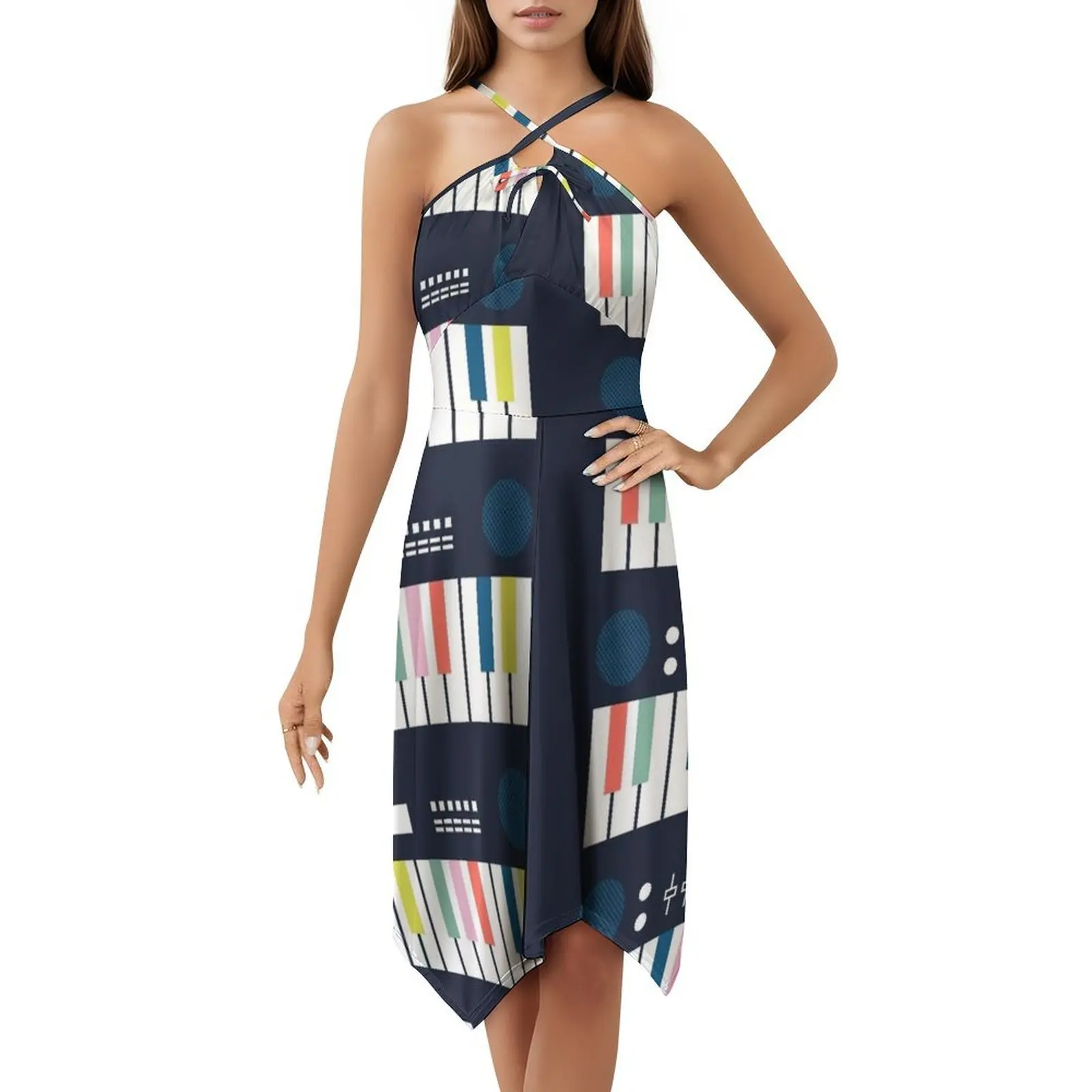 Abito sintetico con scollo a cuore Abito elegante da festa estivo per donna Abito sintetizzatore sintetizzatore di musica elettronica anni '80