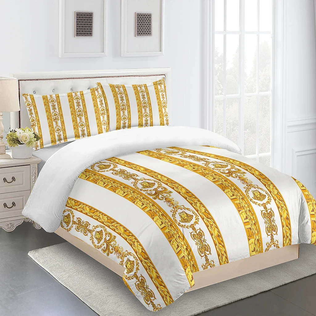 White and Gold Ethiopian Printing Duvet Cover Set King and Queen Bedding Set for Adult's Presents Polyester Duvet Cover