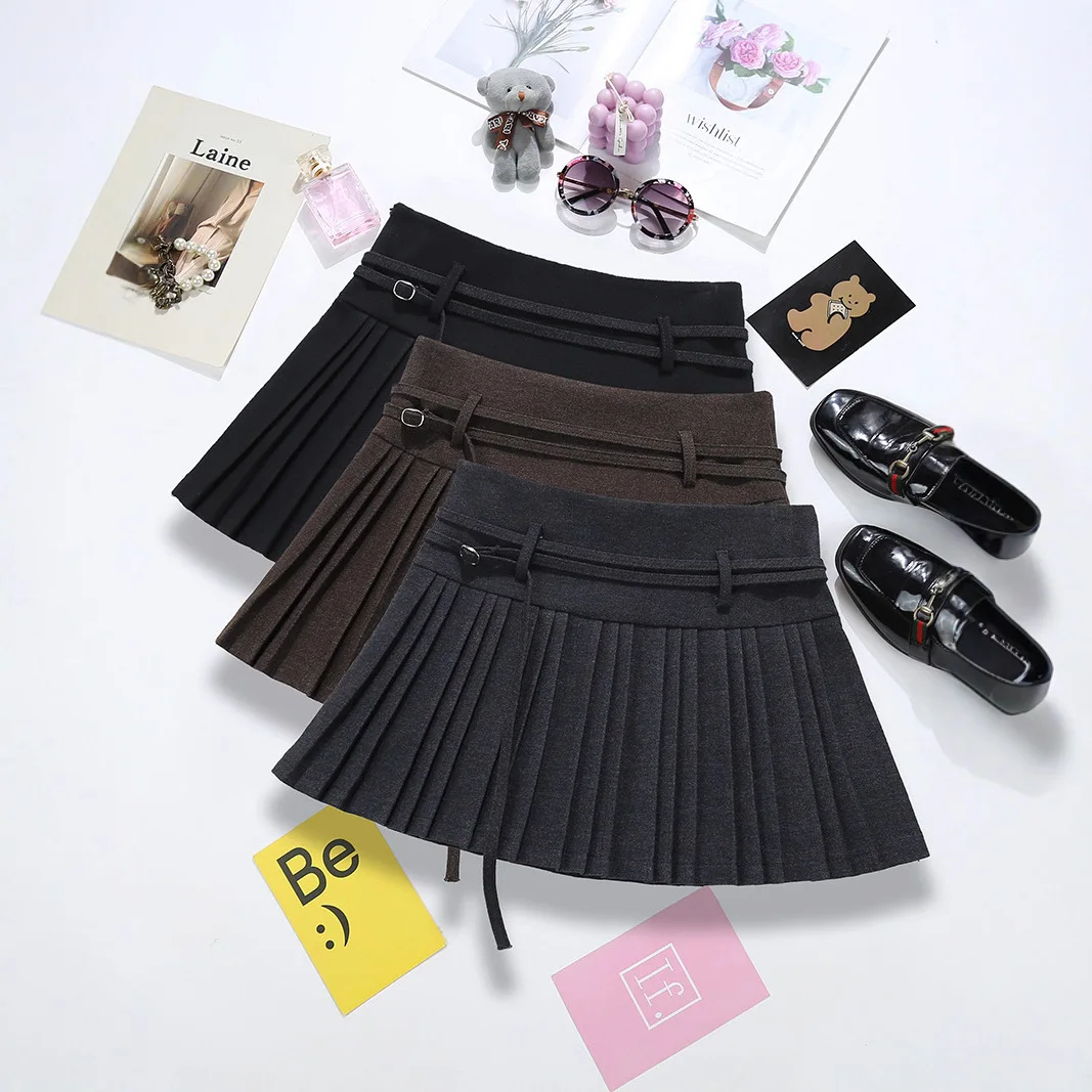 2026 Women's Solid Color Woolen Pleated Skirt Korean Style