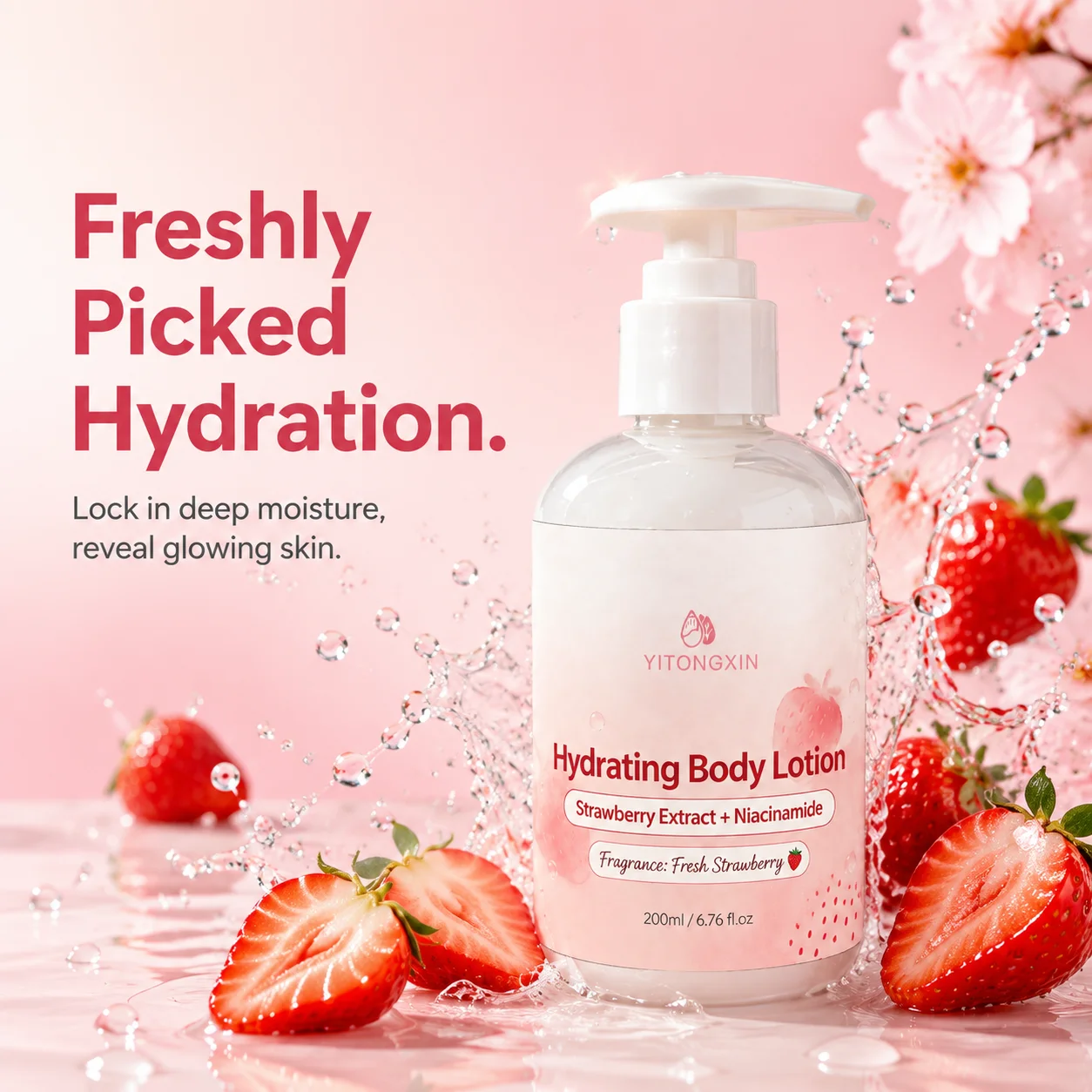 Moisturizing Body Lotion with Strawberry Extract Niacinamide, Lightweight Silky Body Cream for Dry Skin, Fresh Strawberry Scent