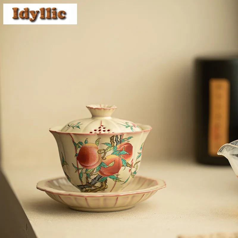 

170ml Ru Kiln Lard Jelly Hand Painted Peach Gaiwan Boutique Tea Tureen Cover Bowl Tea Bowl With Lid Kit Tea Maker Cha Collection
