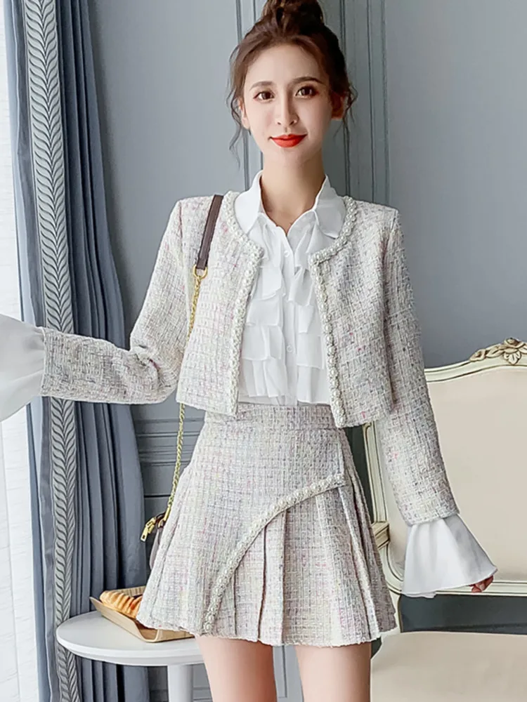 2024 Autumn Winter New Women Tweed 3 Piece Set Beading Short Coat + Pleated High Waist Pleated Skirt + Chiffon Shirts Outfits