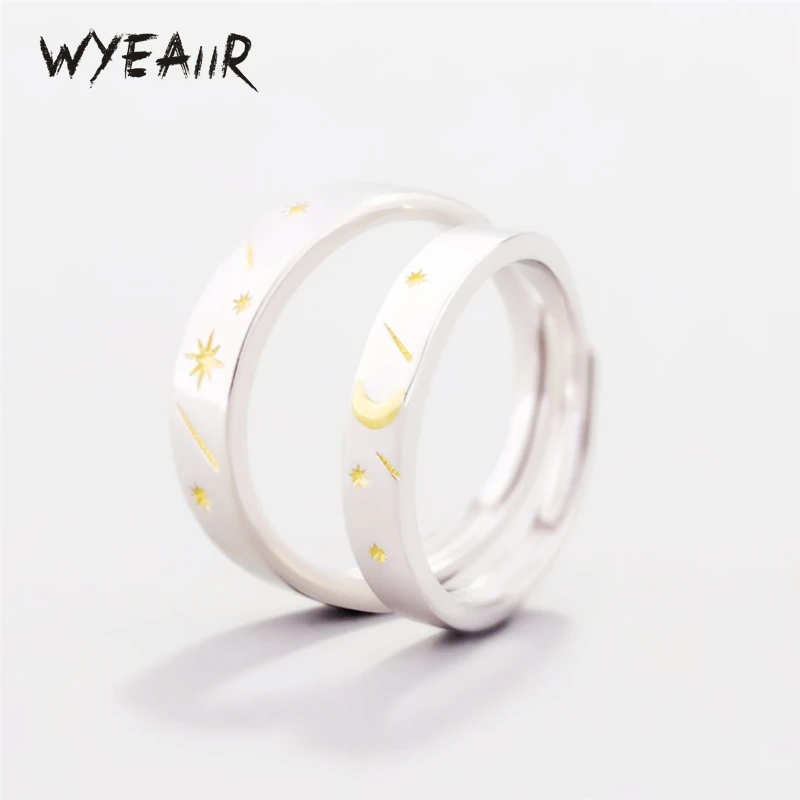 

WYEAIIR 925 Sterling Silver Fine Jewelry Luxury Sun Moon Star Couple Rings Resizable Opening Female Ring