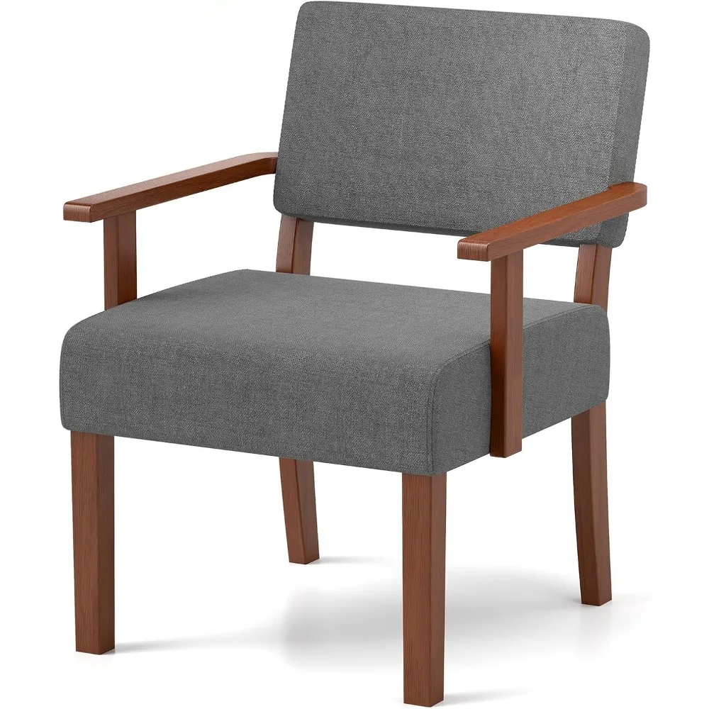 Mid-Century Modern Upholstered Accent Chair with Rubberwood Frame and Linen Fabric for Living Room