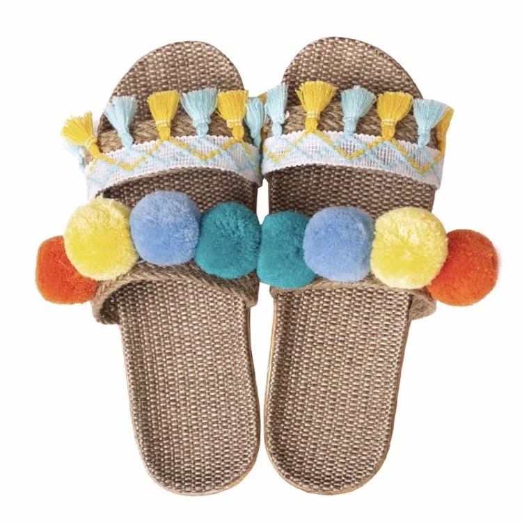 

Stalls Vacation Slippers Sanya Beach Shoes Thai Modified Linen Grass Woven Slippers Designer Sandals Shoes for Women