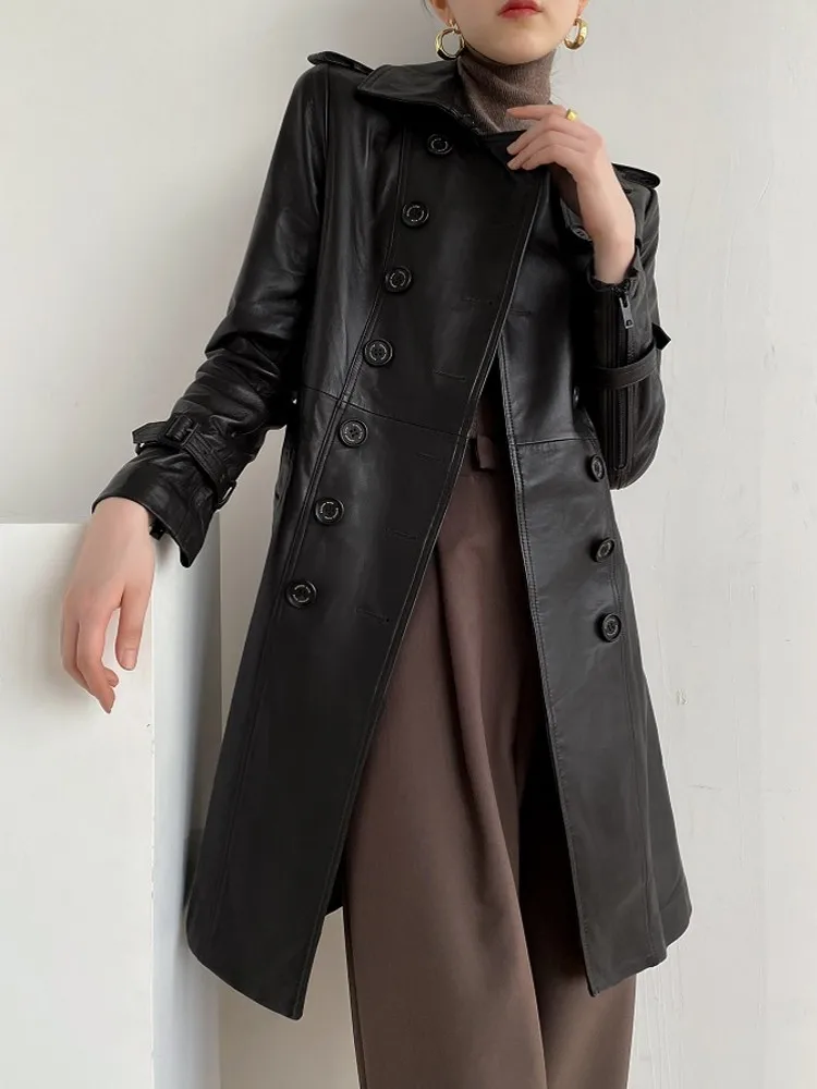 Mulheres com cinto duplo breasted meados longo 100% pele de carneiro jaqueta couro genuíno outono inverno escritório senhoras blusão trench coat