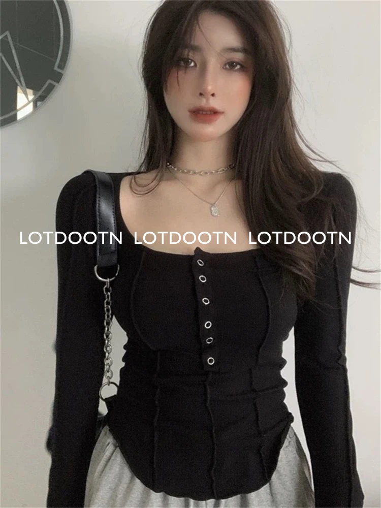 LOTDOOTN 2024 Sexy Club Shirts Fairy Grunge Clothes Y2k Aesthetic Single Breasted Long Sleeve Tops Women V Neck Tees Streetwear