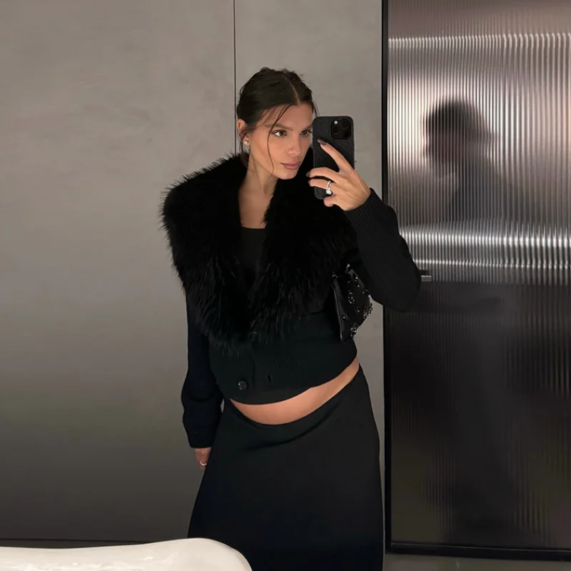 

Элегантный высокомодный вязаный кардиган, роскошный воротник из искусственного меха, женское модное скромное пальто, осенний женский вечерний наряд