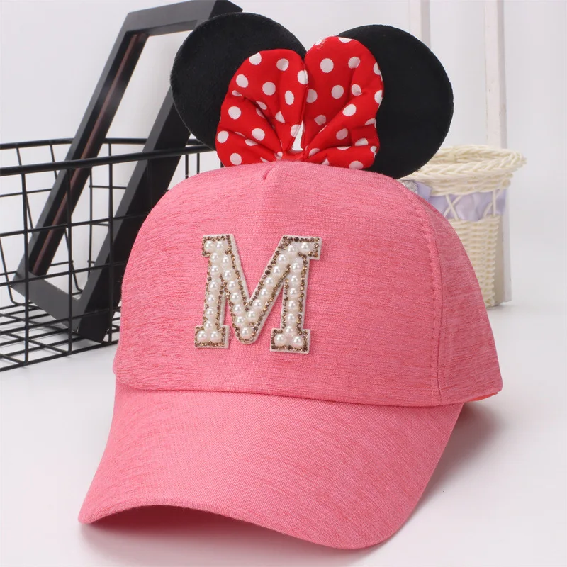 Disney Children\'s Hats Minnie Mouse Bow Big Ears Baseball Caps Pearl M Duck Tongue Hat Spring Autumn Casual Sun Protection Hat