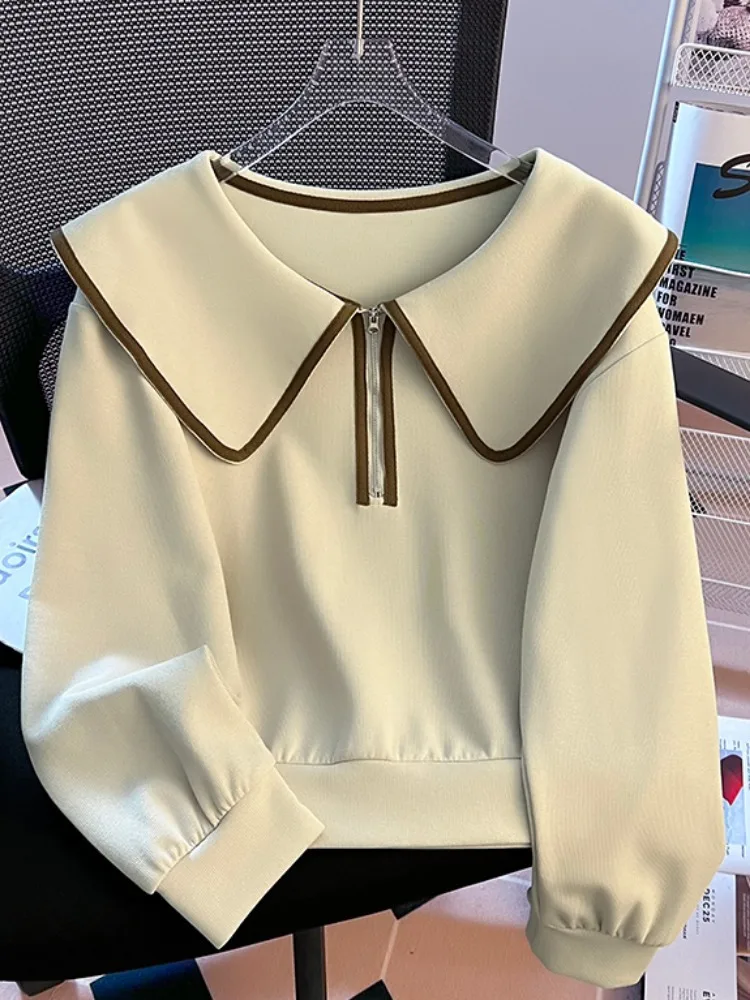 

Весенне-осенняя толстовка с капюшоном, женская свободная толстовка с кукольным воротником на молнии, корейский повседневный удобный модный топ