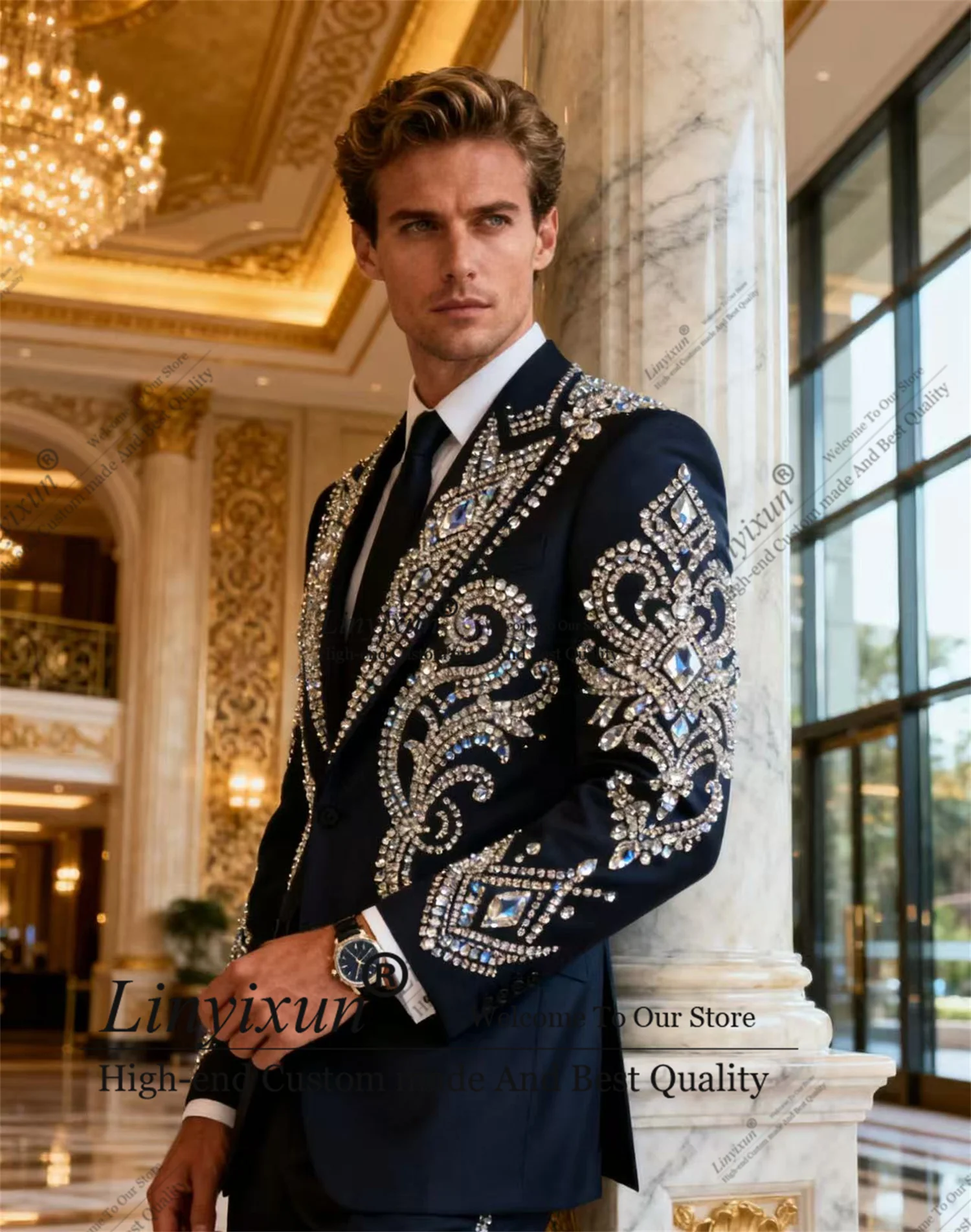 

Роскошные смокинги с кристаллами из бисера, мужские костюмы, комплекты из 2 предметов, свадебный жених, элитные индивидуальные мужские вечерние пиджаки, облегающие Ropa Hombre