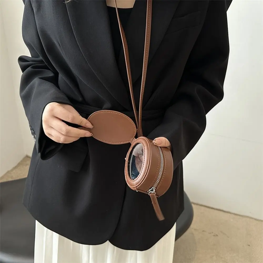 Elegant PU Leather Hanging Neck Coin Purse with Makeup Mirror Oval Earphone Bag Purse Round Crossbody Bag Girls/Female