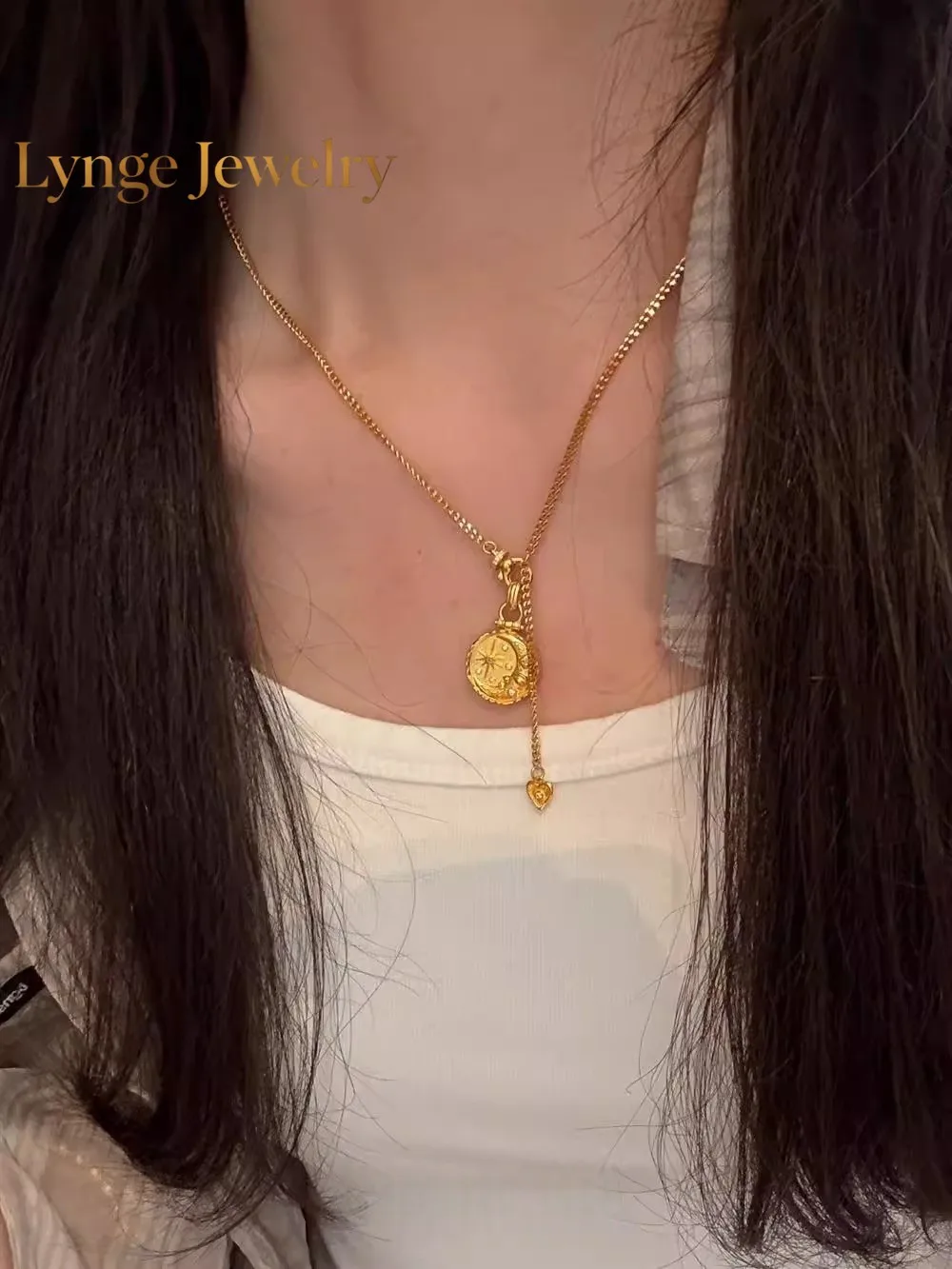 Lynge Jewelry New Chinese style eight-pointed star and moon 9999 24K real gold necklace women's niche design light luxury  clavi