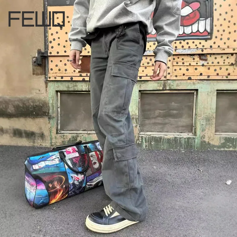 FEWQ Sandblasted Multi Pocket Straight Leg Men Wide Leg Pants Vintage Solid Color Pocket Design Korea Fashion Trousers 24E5383