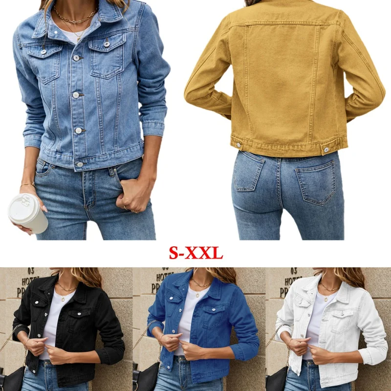 Tops Coats Women Denim Jackets Female Casual Long Sleeve Lapel Solid Button Down Chest Pocket Slim Jean Jacket Fall Winter Coat