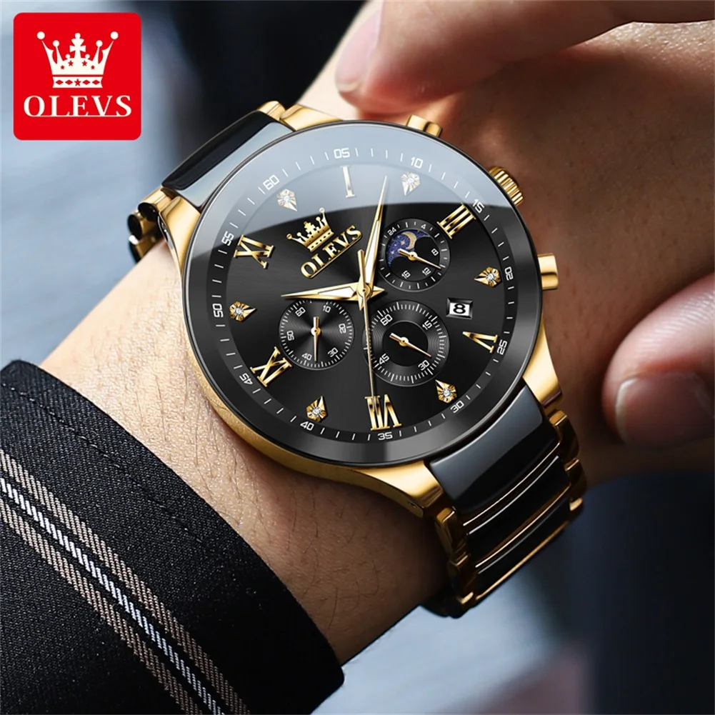 OLEVS Luxury brand Men\'s Watches 44mmDial Ceramic strap Moon Phase Waterproof Quartz Watch for Man Chronograph Roman Scale Watch