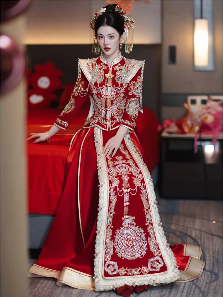 Velvet wedding dress new heavy industry bride's and ceremony toasting