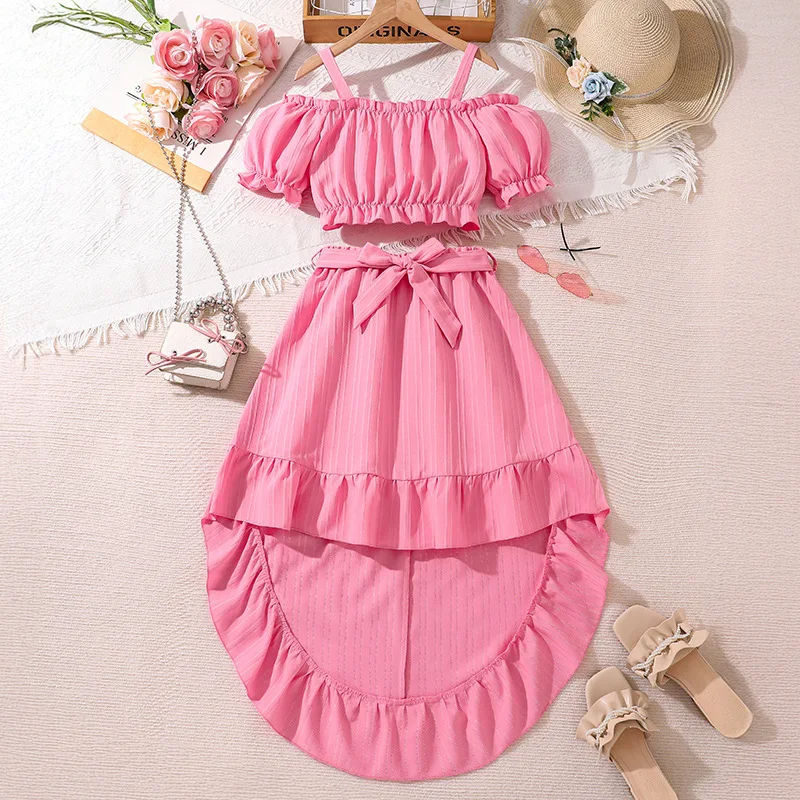 2025 Summer Child Clothes Sets Sleeveless Ruffles Slash Neck Pink Skirts 2 Piece Sets Designer Girls Clothes Sets 8-12T