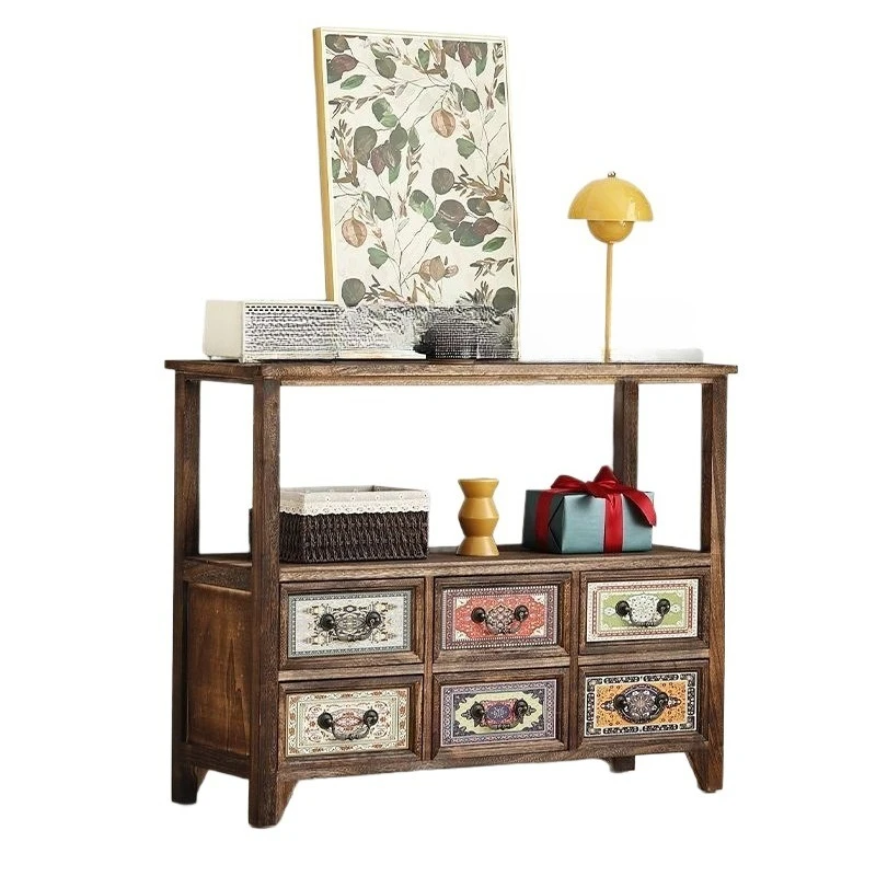 

Medieval entrance , painted , retro solid wood chest , drawer-type storage cabinet, and many lockers.