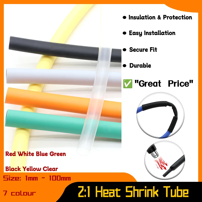 

1mm ~ 100mm Wire Repair DIY Cable Protecctor Polyolefin Heatshrink Tubing Insulation Sleeving Wrap 2:1 Heat Shrink Tube Diameter