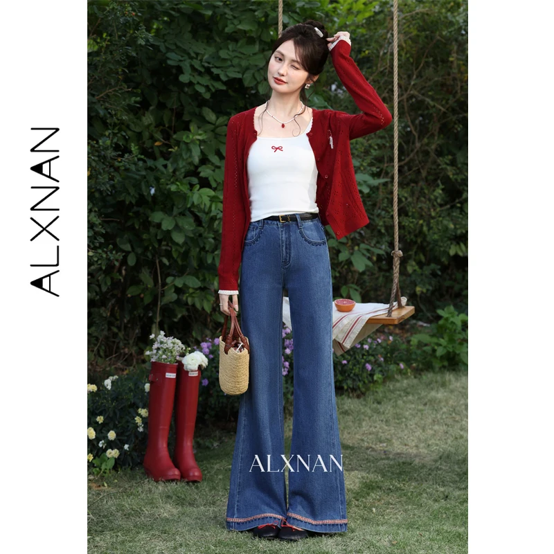 ALXNAN Women High Waist Flare Jeans Vintage Blue Stitch Trim Hem Daily Casual Female Long Denim Trousers Summer New L61803