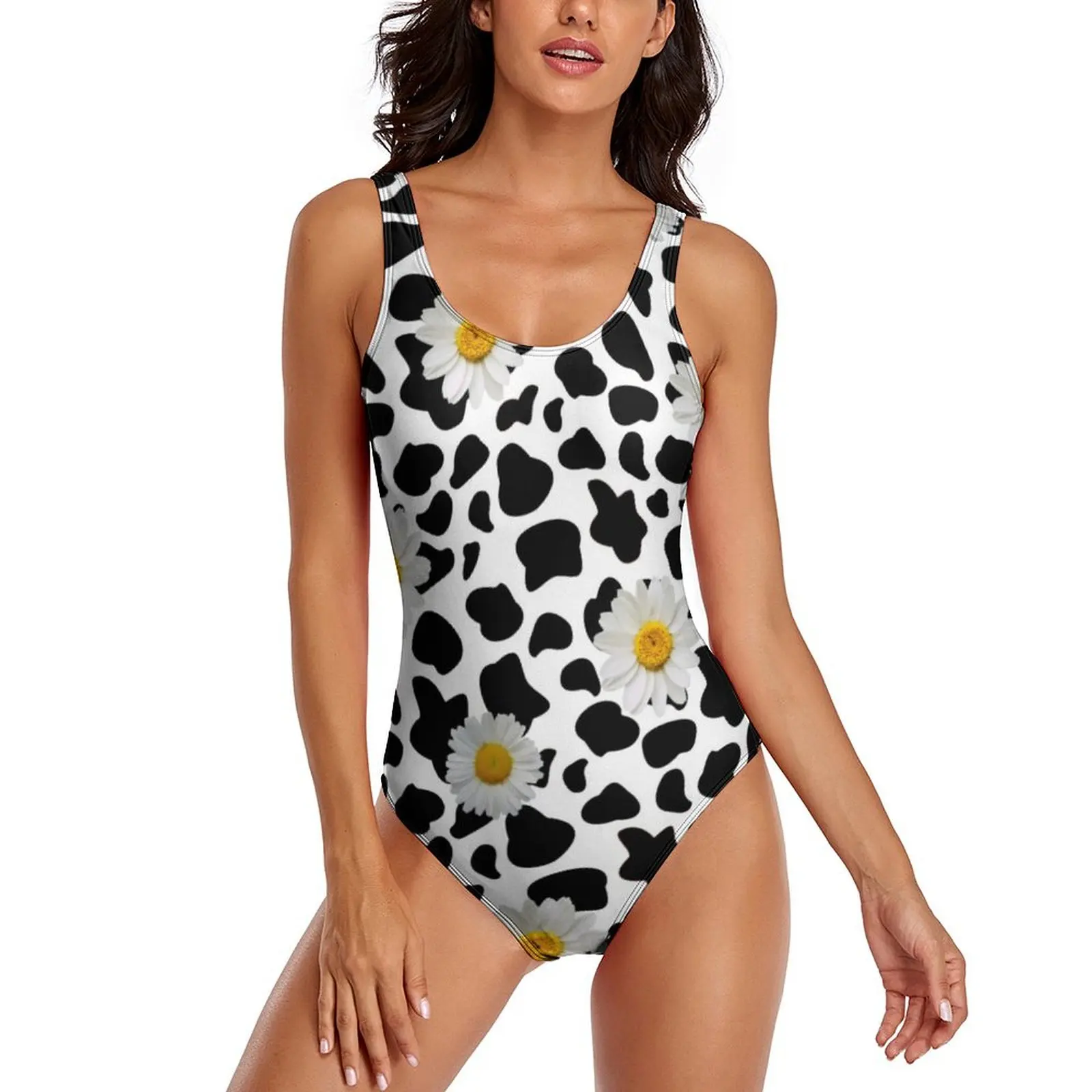 White Daisy Swimsuit Cow Print Push Up Swimwear One-Piece Holiday Pool Monokini Swimsuits Sexy Graphic Beach Outfits Large Size