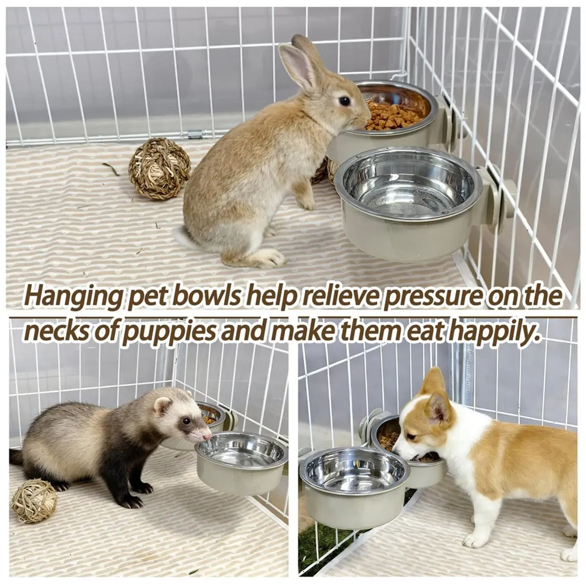 Stainless Steel Pet Bowls, Removable Crate Dog Bowl Hanging Pet Food Water Feeder Bowl, Cage Coop Cup for Puppy Cat
