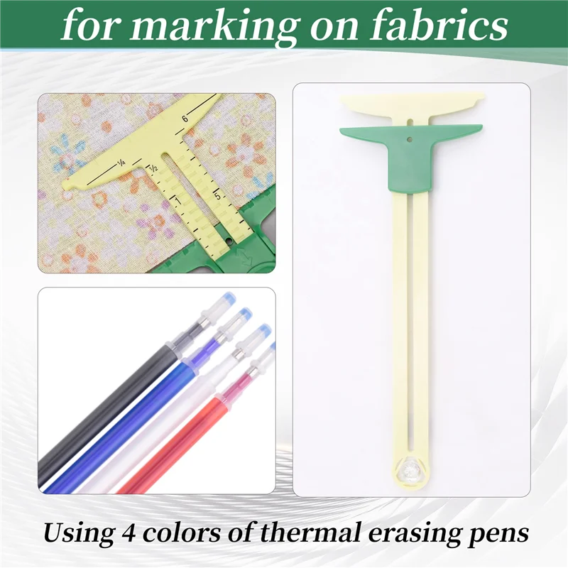 【Rushed】T-Shaped Sliding Gauge Sewing Measurement, Using 4 Colors Of Fabric Thermal Erasing Pen, 5 In 1 Sewing Ruler Tool