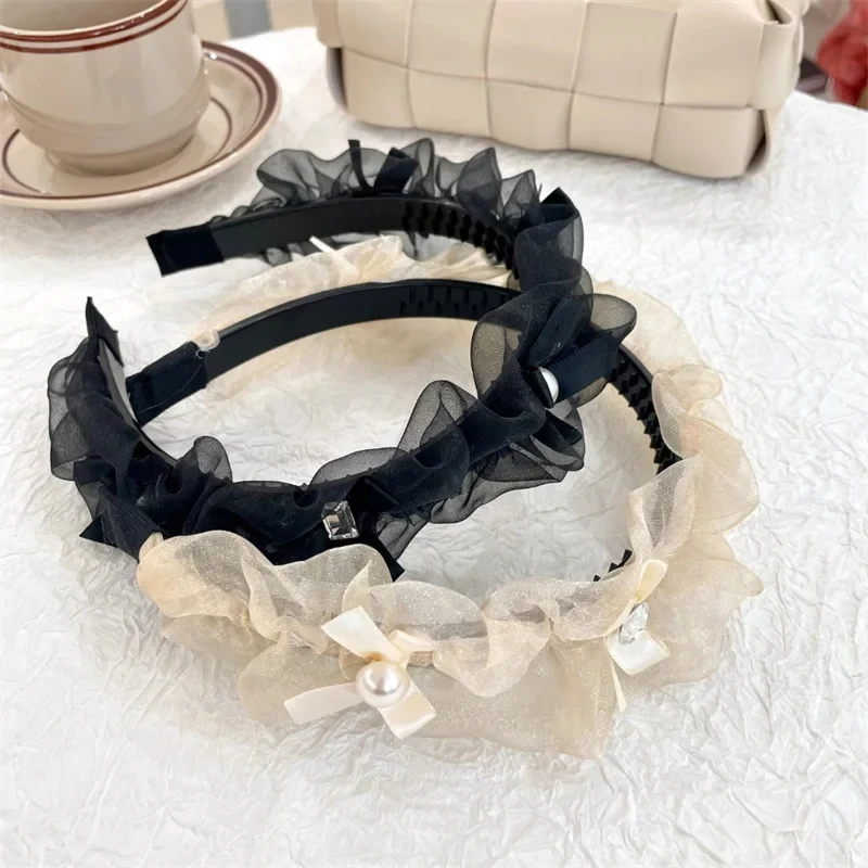 French Princess Hair Band Women Lace Rhinestone Pearl Headband Fairy Temperament Hoop Hairband Girls Hair Accessorie