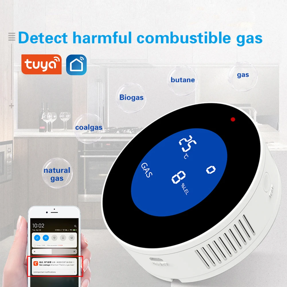 Czujnik alarmu Smart Tuya Wifi na gaz ziemny z funkcją temperatury palny detektor wycieku gazu wyświetlacz LCD Smart Life App