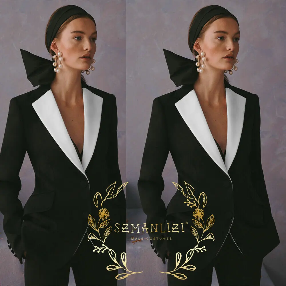 Black Women Formal Suit 2 Piece Notched Lapel Wedding Tuxedo Business Pants Suits Ladies Party Blazer Set Slim Fit Lady Dress