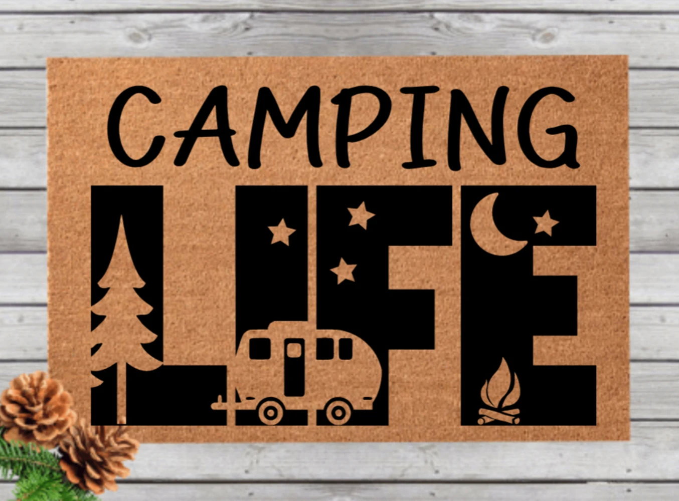 

Custom Camping RV Coir Doormat Personalized Non Slip Entrance Mat Indoor Outdoor Camping Life Print RV Tree Fire Pit Decor Rug