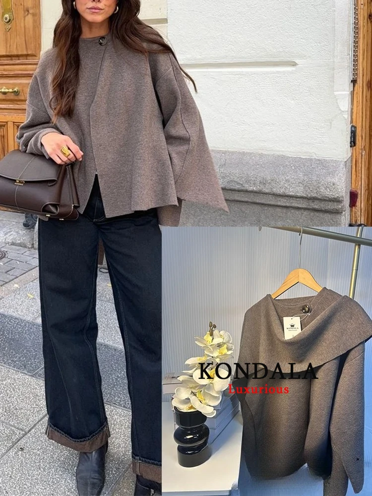 

KONDALA винтажный повседневный шикарный женский вязаный шарф, свитера с круглым вырезом и длинным рукавом, свободные короткие пальто, модная весенне-зимняя верхняя одежда 2025 г.