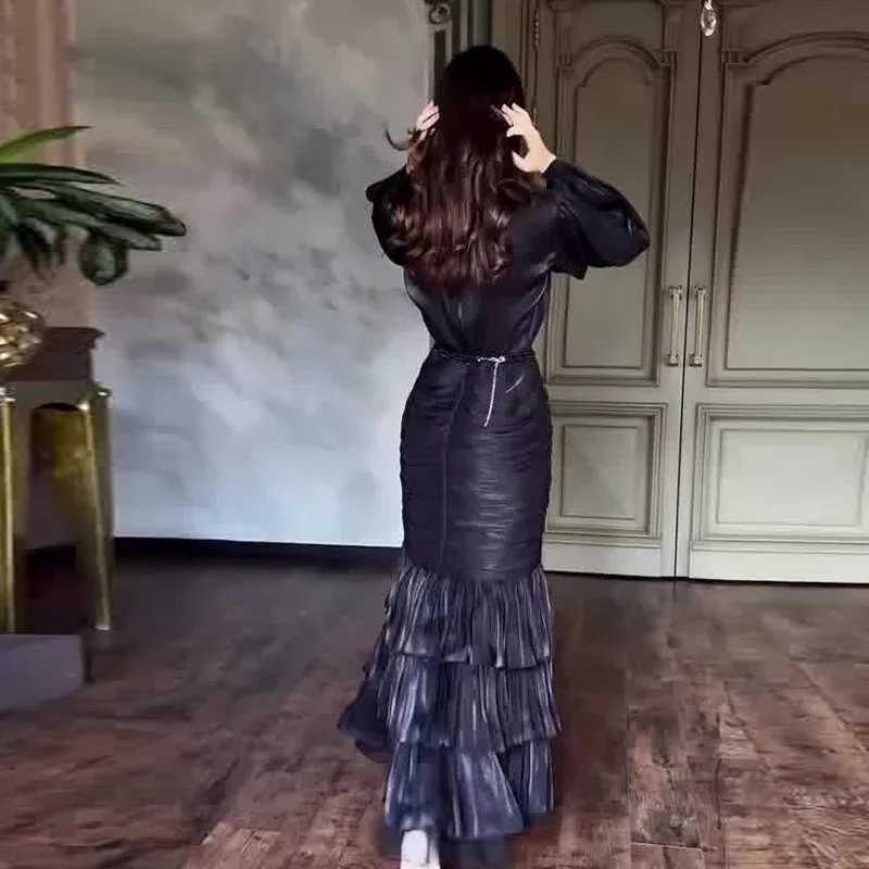 Damasco elegante vestido feminino manga longa em camadas babados vintage vestidos bodycon chique cintura alta pano senhora