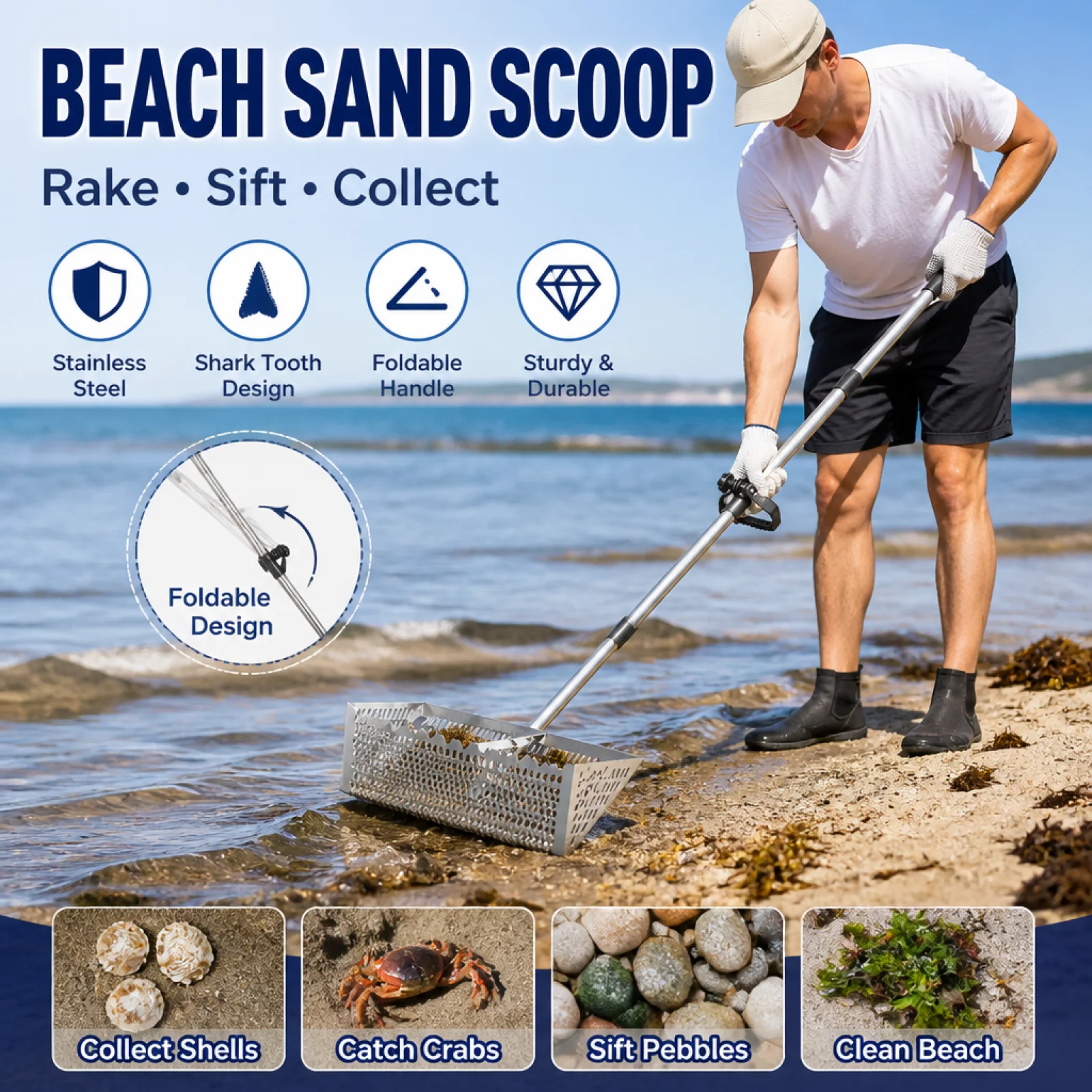 Tooth Sifter Toothed Edge Sand Rake Rust-Resistant Metal Tooth Sifter for Shell Collectors, Beachcombers, Shoreline Carbon Steel