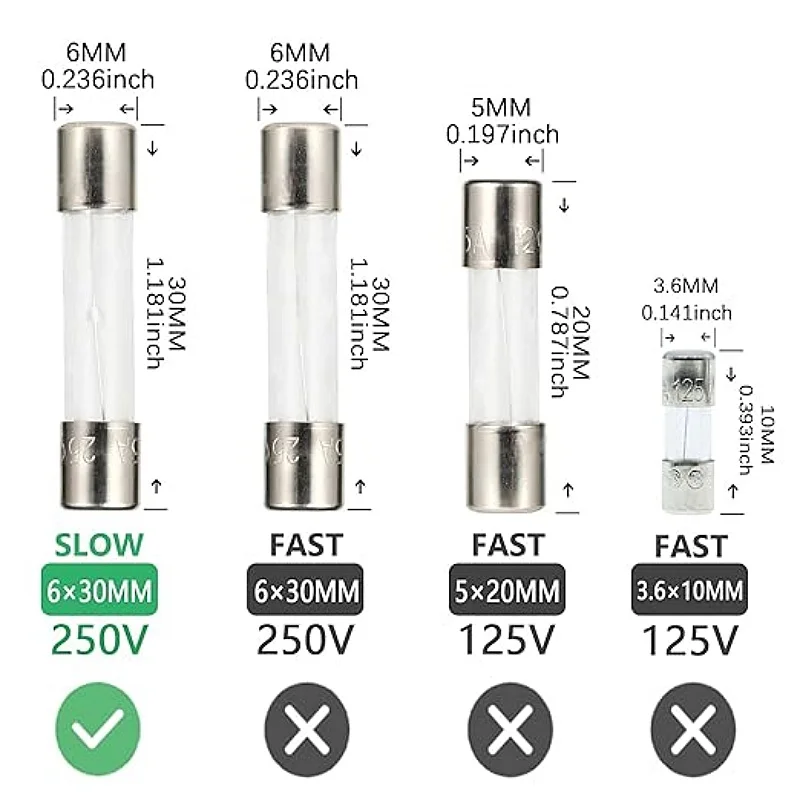 AUKENIEN T 7A 250V Slow Blow Glass Fuses T7AL T7AL250V 6x30 MM 7 Amp 250 Volt Cartridge Tube Time Delay Fuse (Pack of 10)