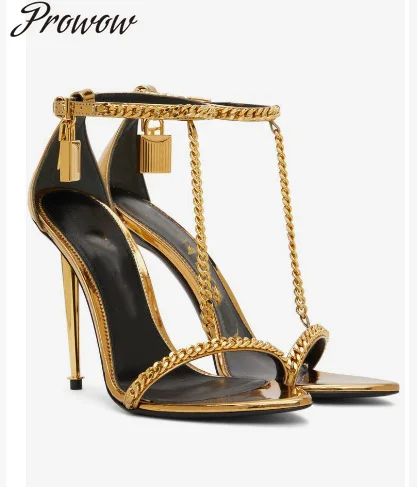 

New Women Sandals Solid color chain gold and simple pointed sexy cool boots high heels stiletto Roman style