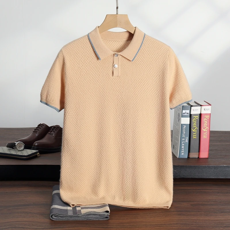 

100% Cashmere Short Sleeved Men's Polo Collar Knitted Sweater Casual Business Loose Fit Pullover T-shirt Summer Men's Clothing