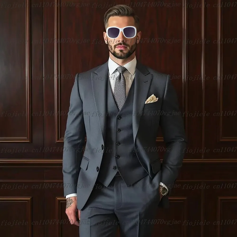 

Темно-серый мужской костюм для торжественных случаев, свадебная вечеринка, жених, жених, деловые мужские смокинги, комплект из трех предметов, куртка, жилет, брюки
