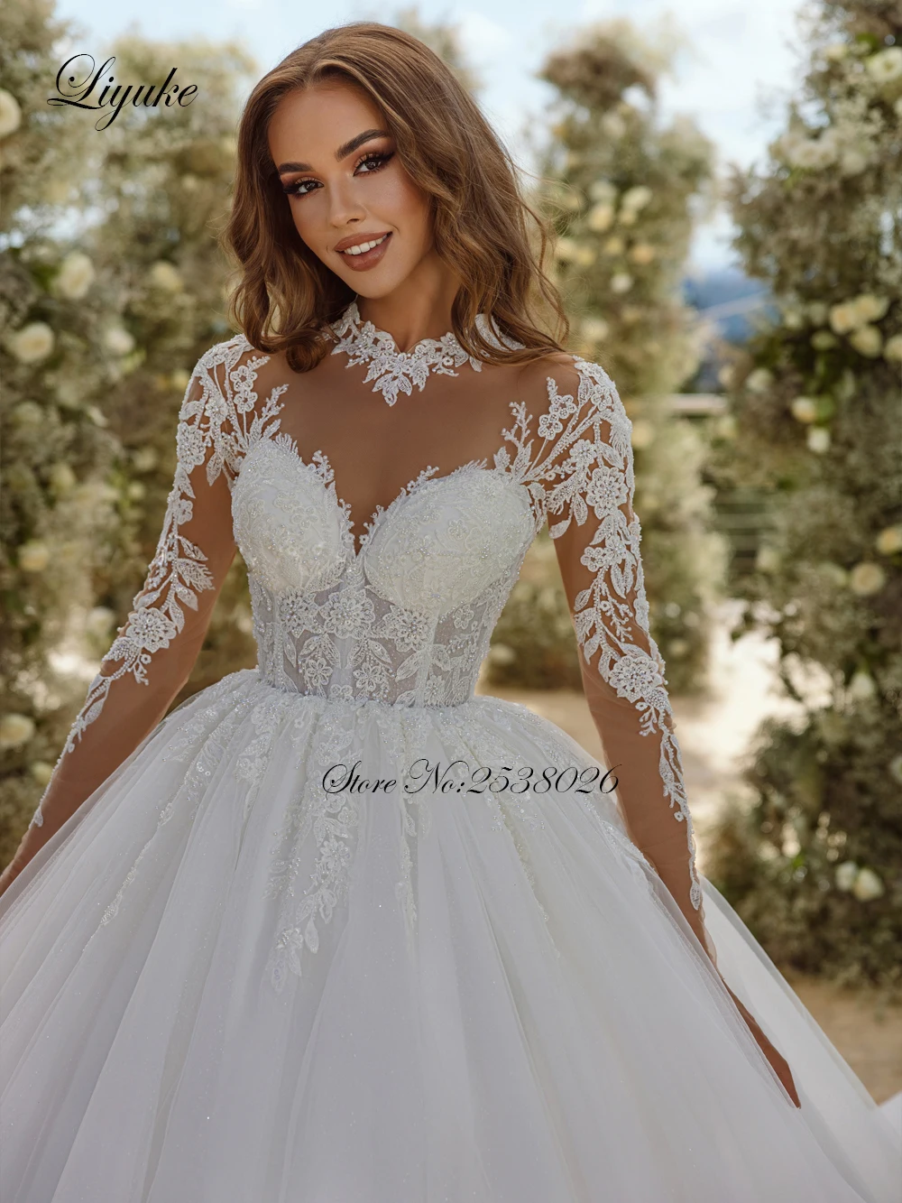 Liyuke-vestido de fiesta de Organza, elegante, sedoso, con cuentas de perlas, bordado, apliques de cuello alto, mangas completas, faldas de novia