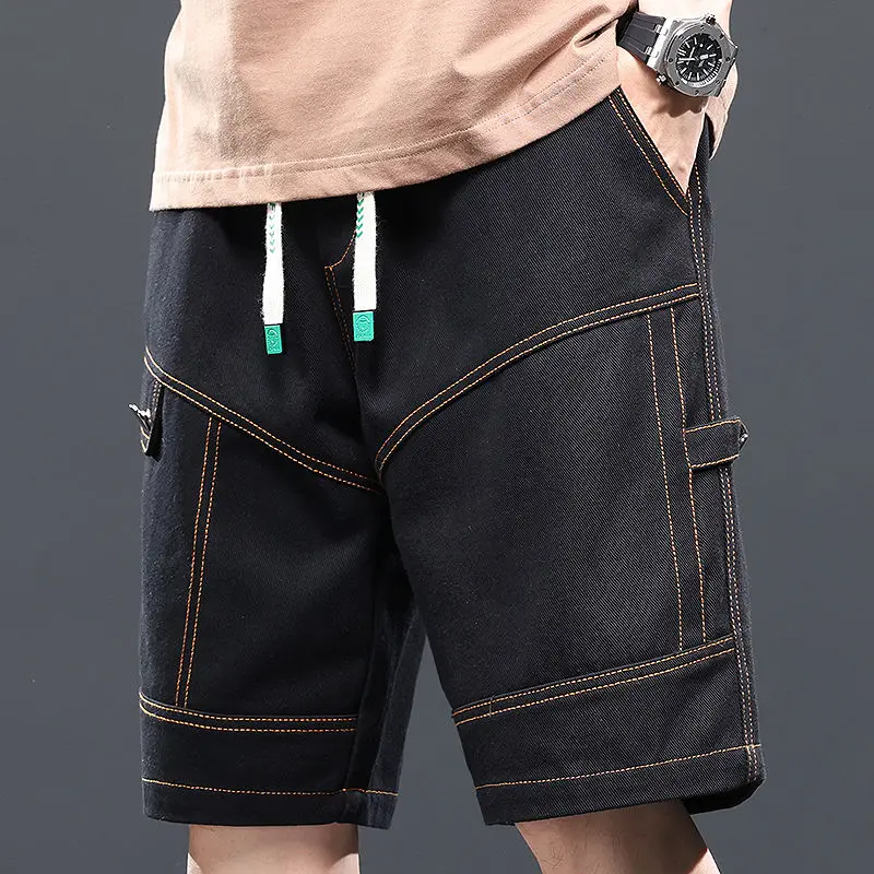 

Мужские короткие брюки, свободные черные хлопковые шорты-бермуды с эластичной резинкой на талии, широкие японские уличные стильные модные нейлоны 2025 года