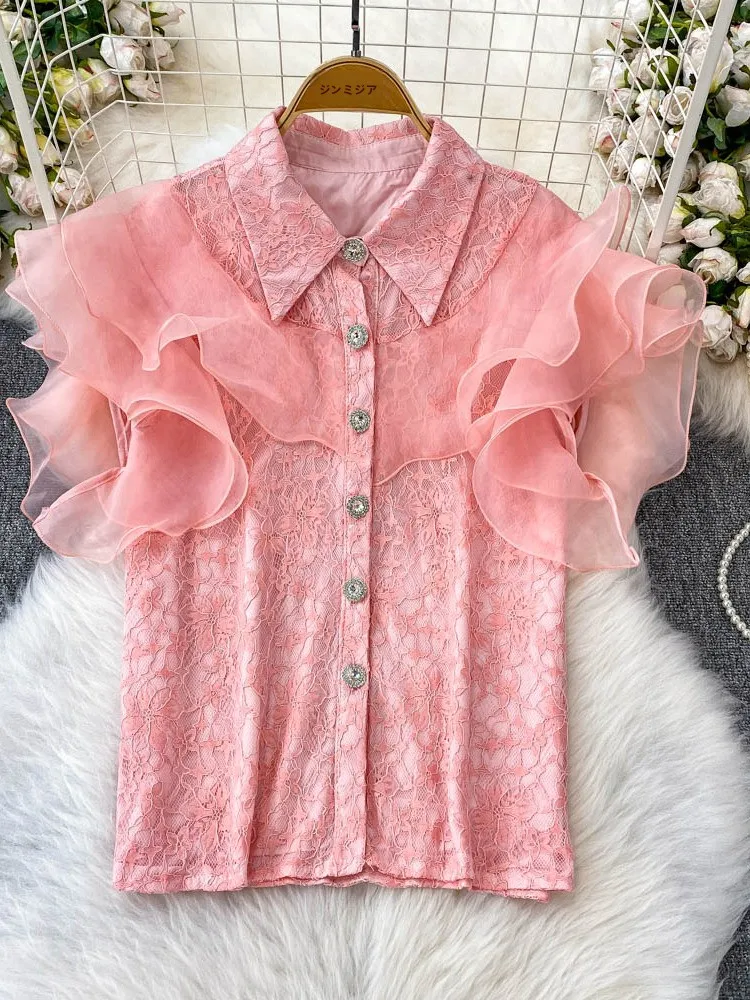 

Sweet Youthful Lace Splice Pleated Sve Collar irt Women's Slim Fit Sli Top Single Button Korean Sle Commute Wear