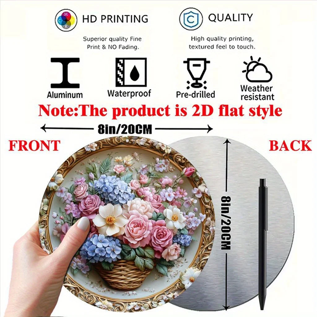 Vintage Floral Basket Round Metal Sign, 2D Flat Print Roses & Hydrangeas Wall Art, Weatherproof Elegant Home Decor Tin Plaque
