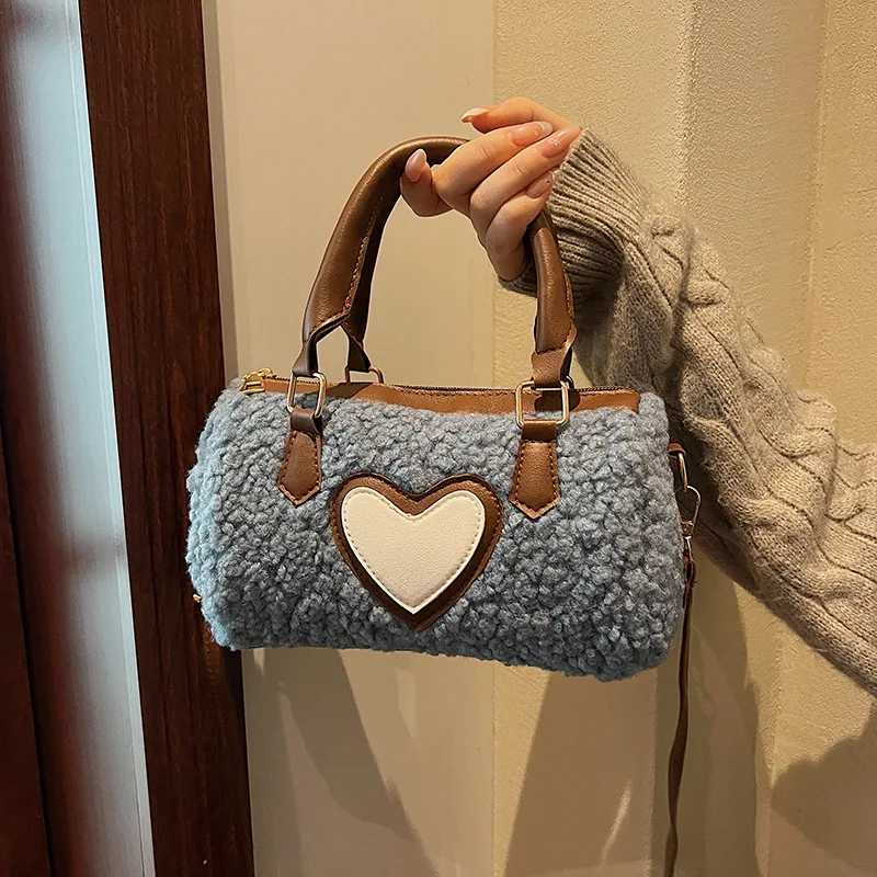 

2025 Spring Summer Faux Shearling Boston Bag for Women Plush Shoulder Crossbody Elegant Handheld Tote Luxury Cozy