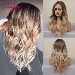 Long Blonde Brown Synthetic Lace Hair Wigs Mid-Length Wavy Highlight Ombre T-Part Lace Wig for Women Cosplay Heat Resistant Wig